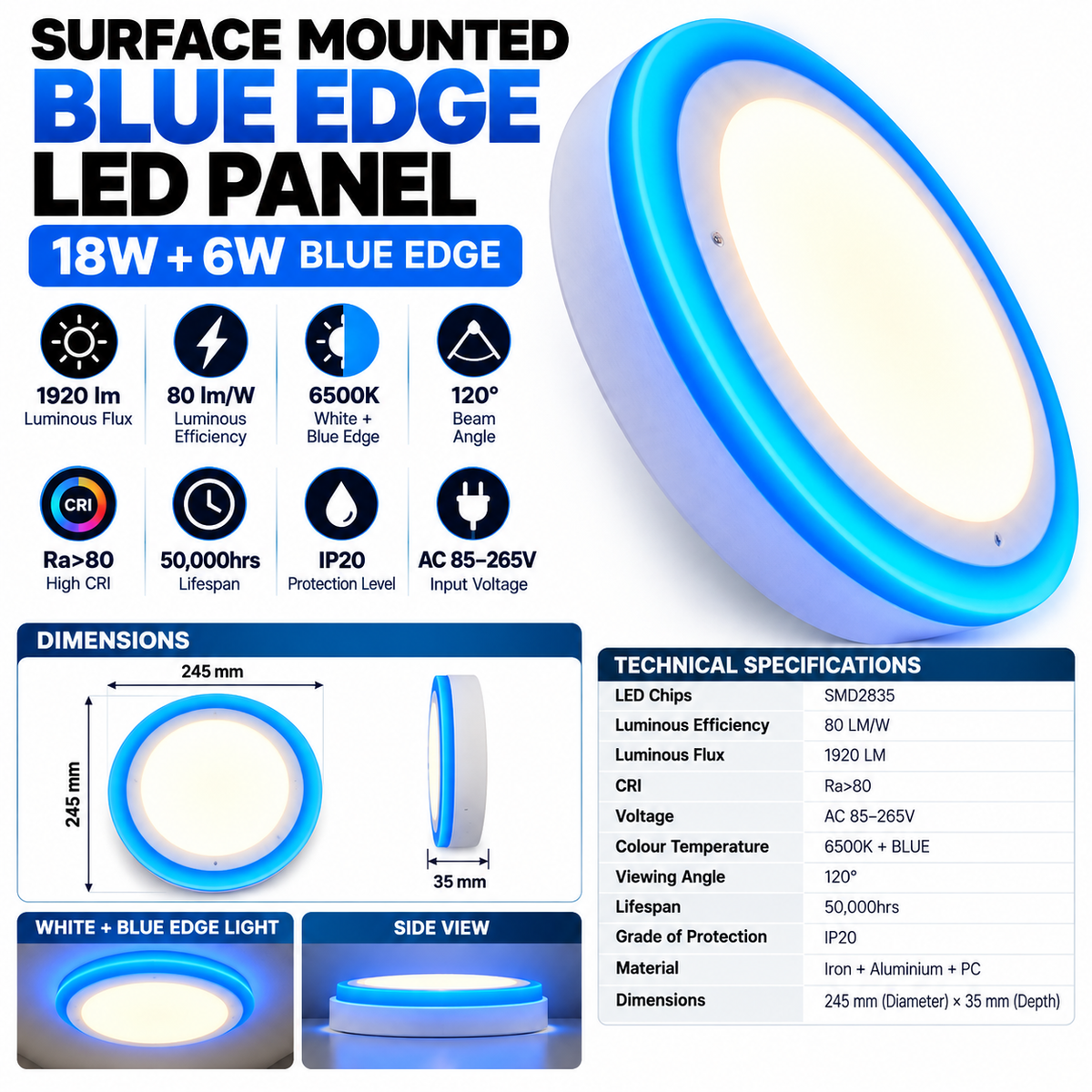 18+6W surface mounted LED panel with blue edge glow – image 1 of 7