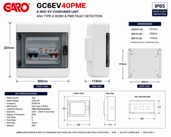 GARO GC6EV40PME 6-Way EV Consumer Unit | 40A Type A RCBO & PME Fault Detection secondary image