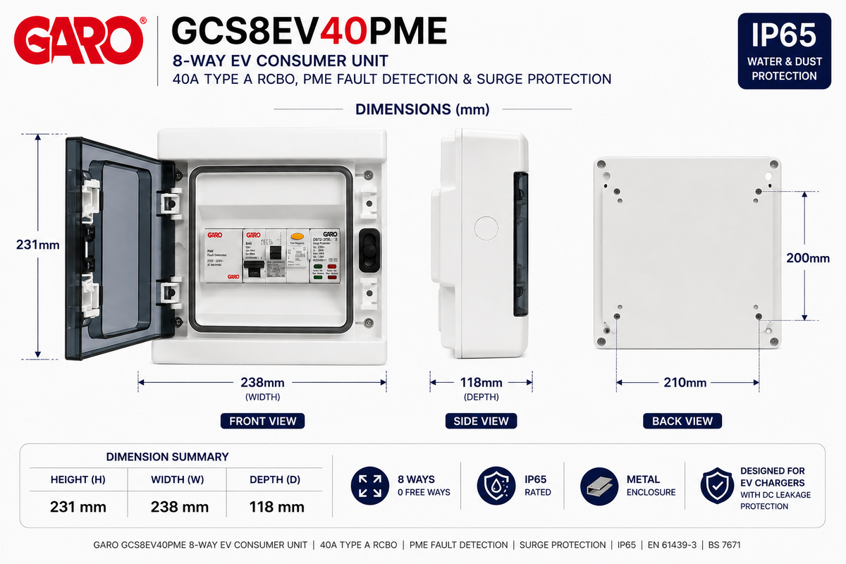 GARO GCS8EV40PME 8-Way EV Consumer Unit | 40A RCBO & PME