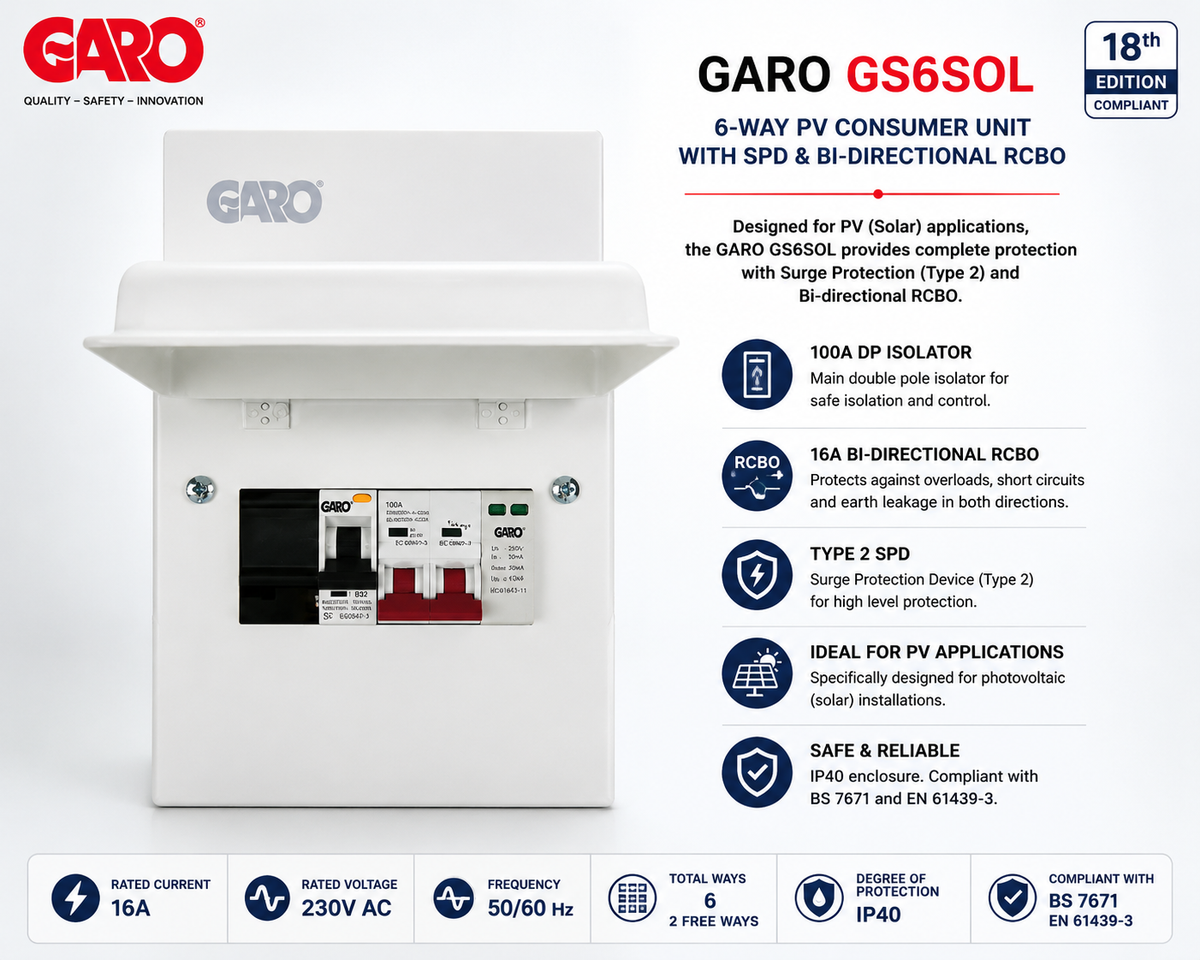 GARO GS6SOL 6-Way PV Consumer Unit with SPD & Bi-Directional RCBO