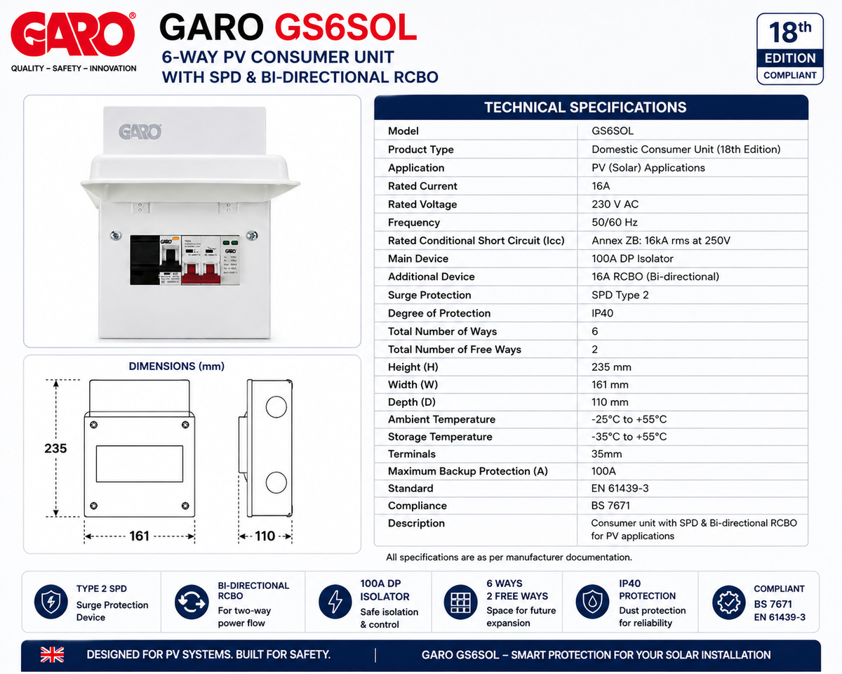 GARO GS6SOL 6-Way PV Consumer Unit with SPD & Bi-Directional RCBO