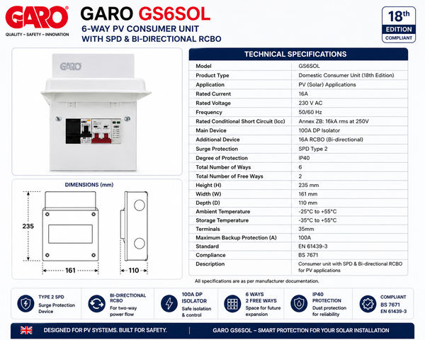 GARO GS6SOL 6-Way PV Consumer Unit with SPD & Bi-Directional RCBO secondary image