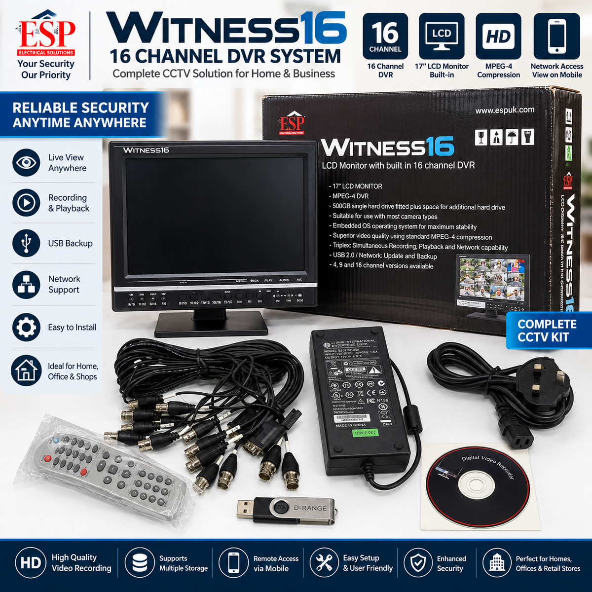 ESP WITNESS 16 TS WIT16 17 TFT Monitor & 16 Channel | CCTV DVR Recorder