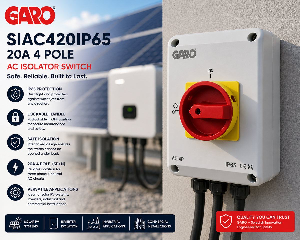 GARO SIAC420IP65 20A 4 Pole AC Isolator Switch | IP65 3P+N Safety Switch