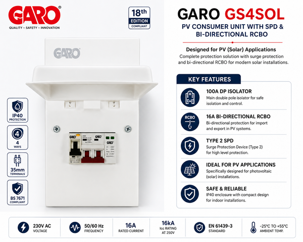 GARO GS4SOL 4-Way PV Consumer Unit with SPD & Bi-Directional RCBO secondary image