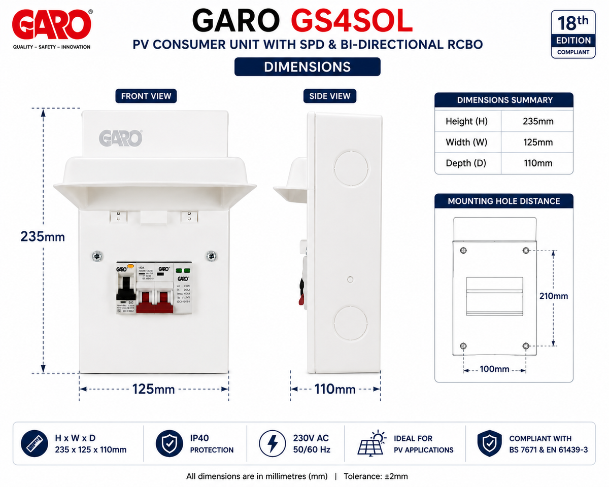GARO GS4SOL 4-Way PV Consumer Unit with SPD & Bi-Directional RCBO