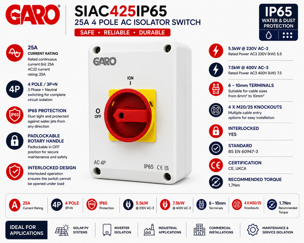 GARO SIAC425IP65 25A 4 Pole AC Isolator Switch | IP65 3P+N Safety Switch secondary image