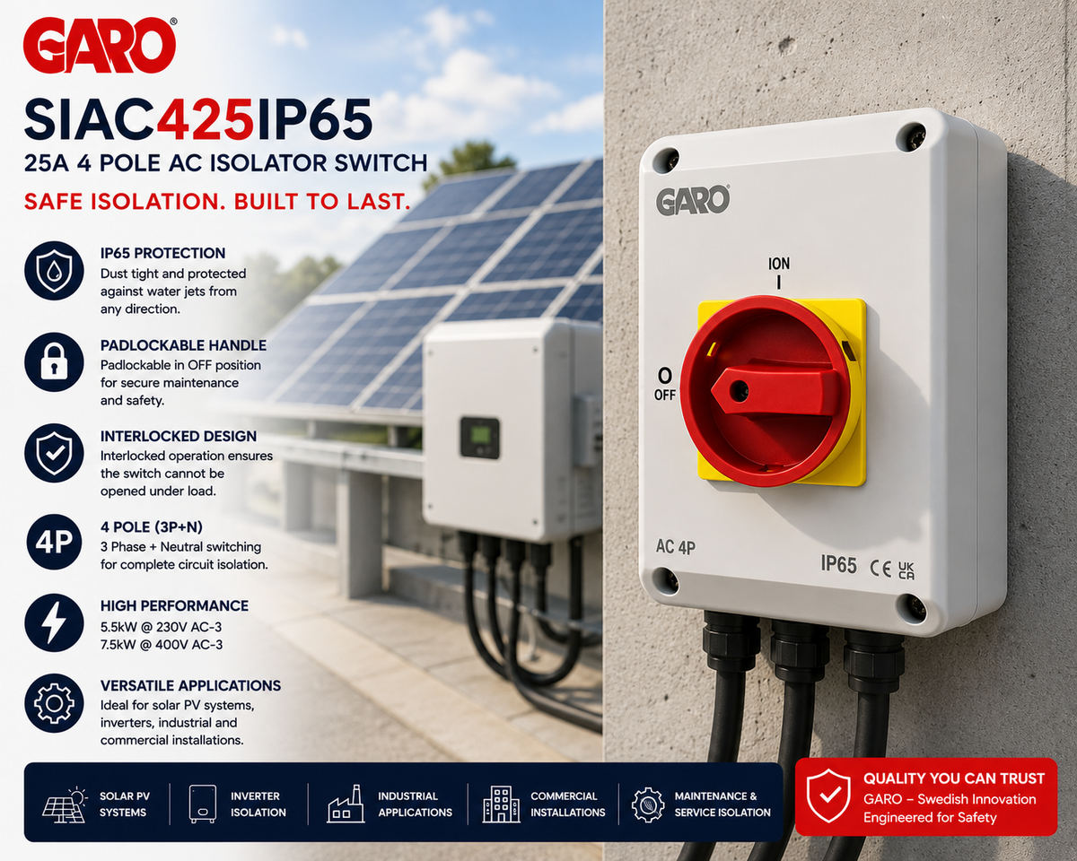GARO SIAC425IP65 25A 4 Pole AC Isolator Switch | IP65 3P+N Safety Switch