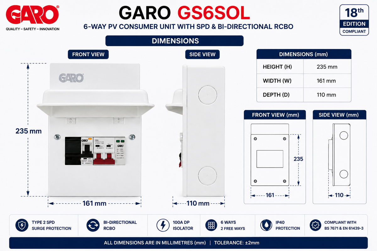GARO GS6SOL 6-Way PV Consumer Unit with SPD & Bi-Directional RCBO