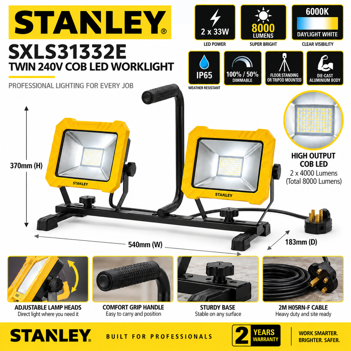 STANLEY SXLS31332E Twin 240V LED Worklight 2 x 33W | 8000lm IP65