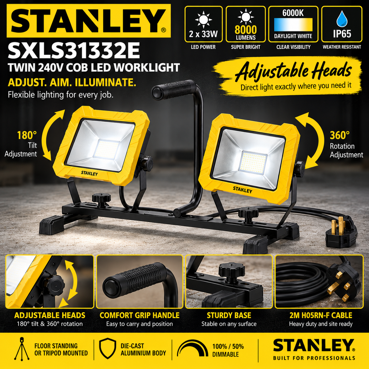 STANLEY SXLS31332E Twin 240V LED Worklight 2 x 33W | 8000lm IP65