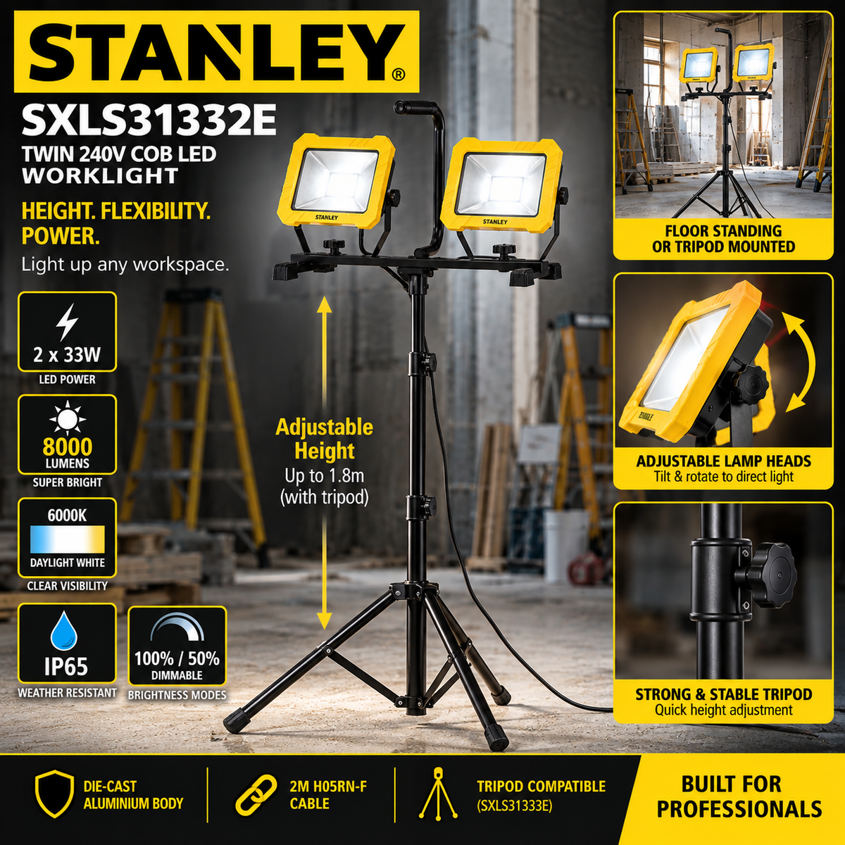 STANLEY SXLS31332E Twin 240V LED Worklight 2 x 33W | 8000lm IP65