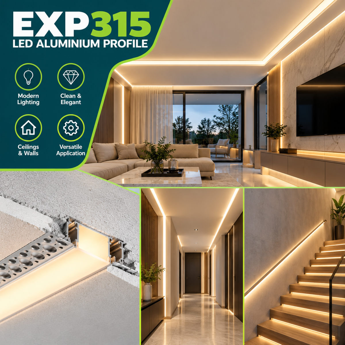 2m Extra Wide Plaster Over LED Aluminium Profile – 76×15mm, Trimless