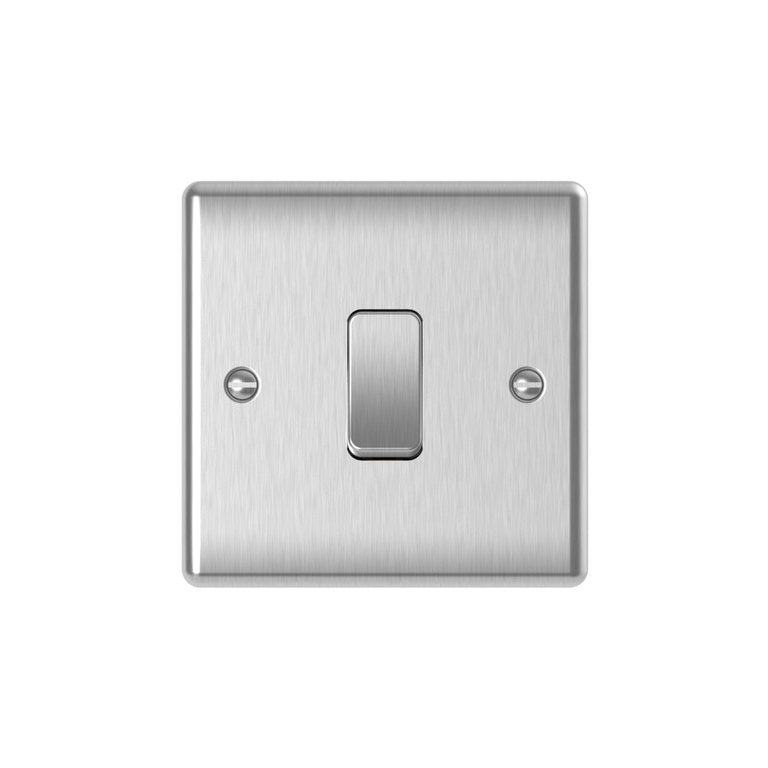 Brushed steel 1 gang 2 way plate switch, 10AX, stainless steel finish