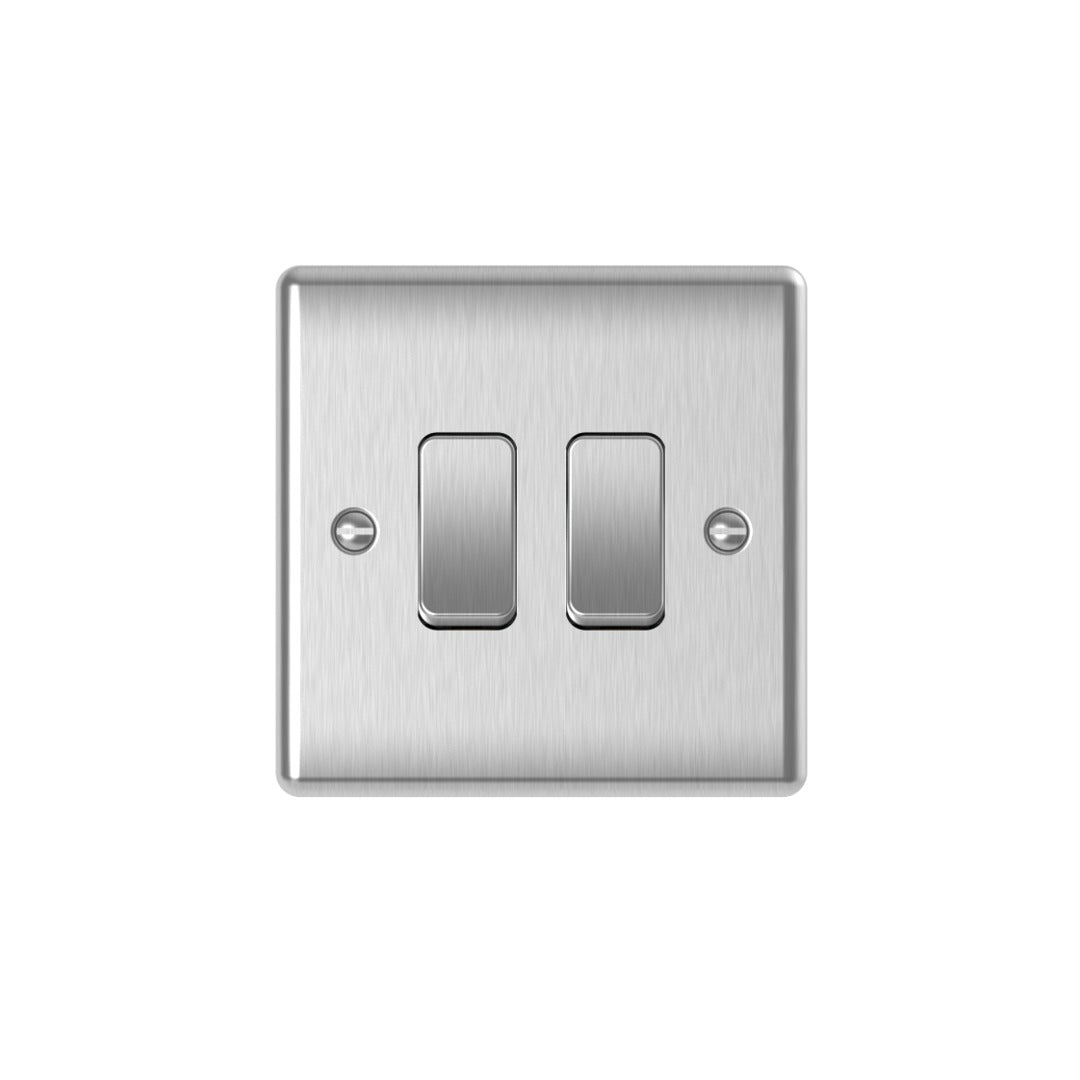 Brushed steel 2 gang 2 way plate switch, 10AX, stainless steel finish