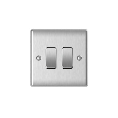 Brushed steel 2 gang 2 way plate switch, 10AX, stainless steel finish