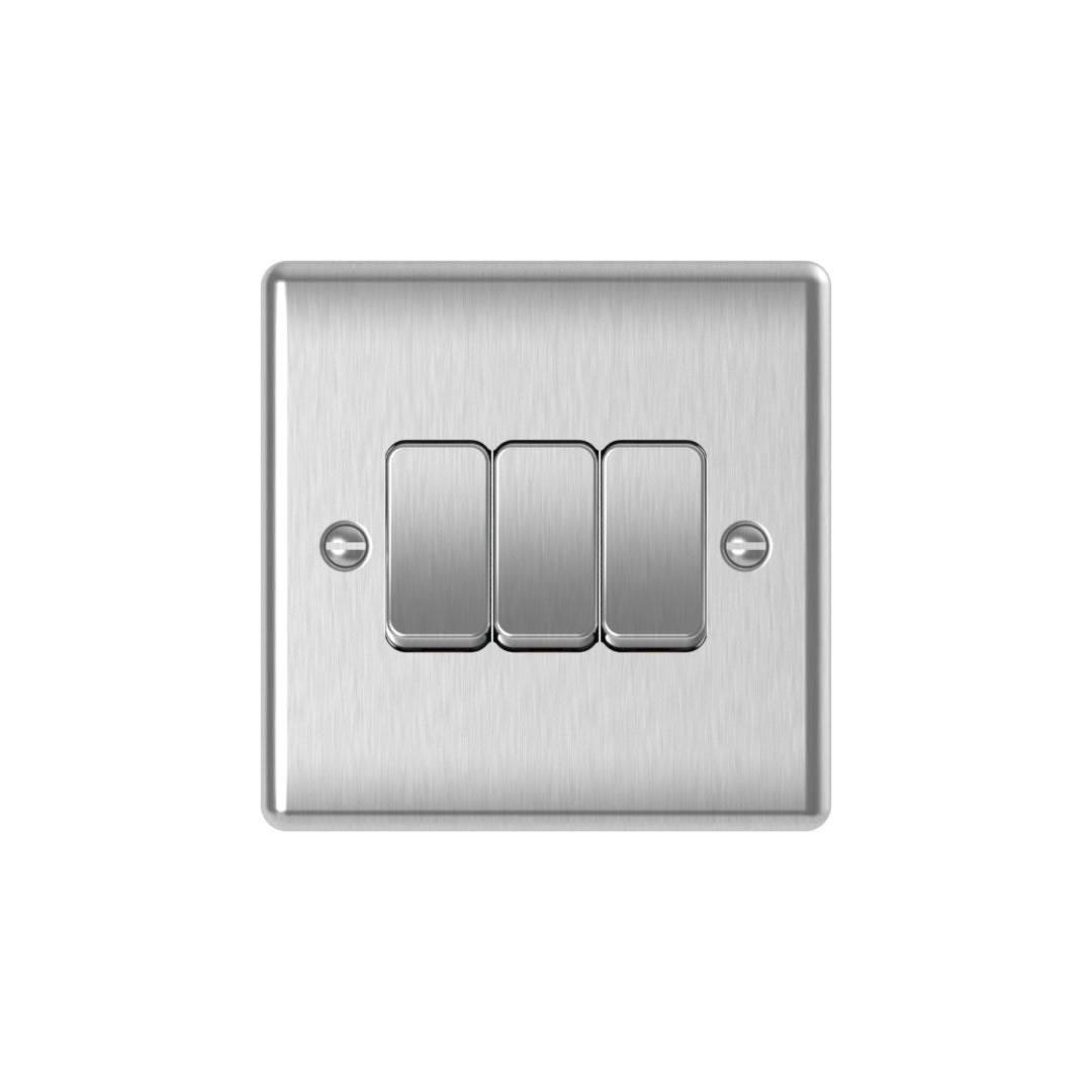Brushed steel 3 gang 2 way plate switch, 10AX, stainless steel finish