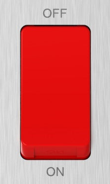 Close-up of brushed steel 45A switch red rocker and neon window