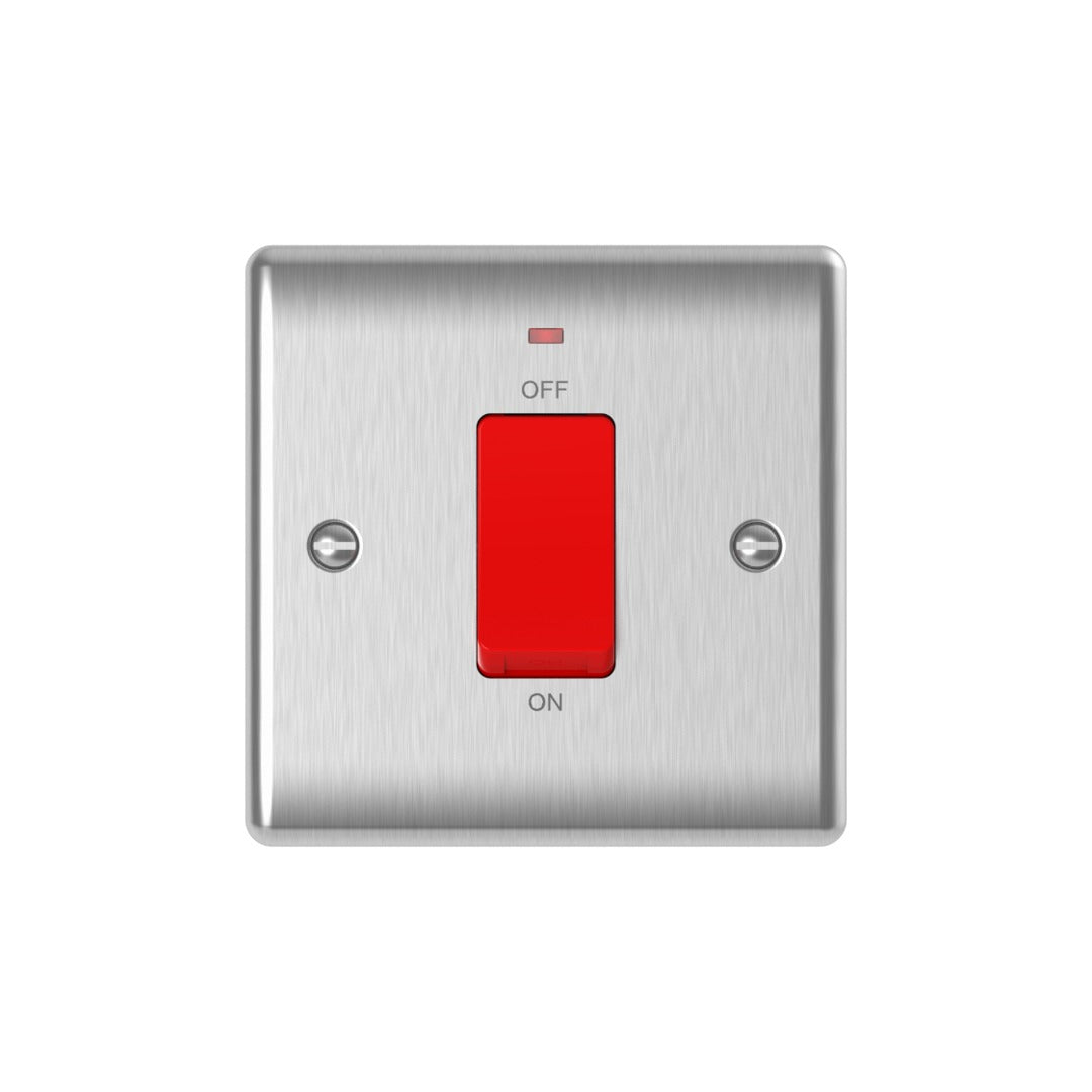 Brushed steel 45A switch with neon, single plate, red rocker