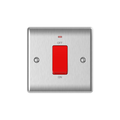 Brushed steel 45A switch with neon, single plate, red rocker