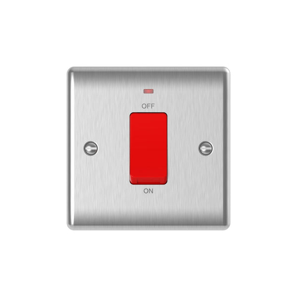 Brushed Steel 45A Switch with Neon – Single Plate, Double Pole