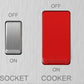 Close-up of brushed steel cooker control unit socket switch and cooker switch