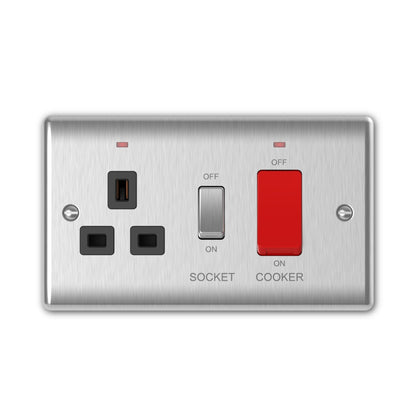 Brushed steel 45A switch plus 13A switched socket cooker control unit