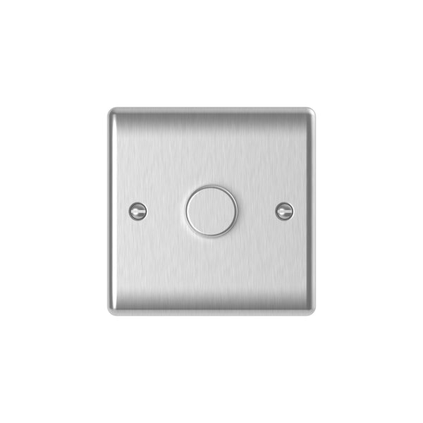 Brushed Steel 1 Gang 2 Way Dimmer Switch – LED 5W–150W, Halogen 10W–250W