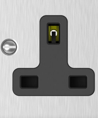 Close-up of brushed steel 1 gang socket outlet and switch