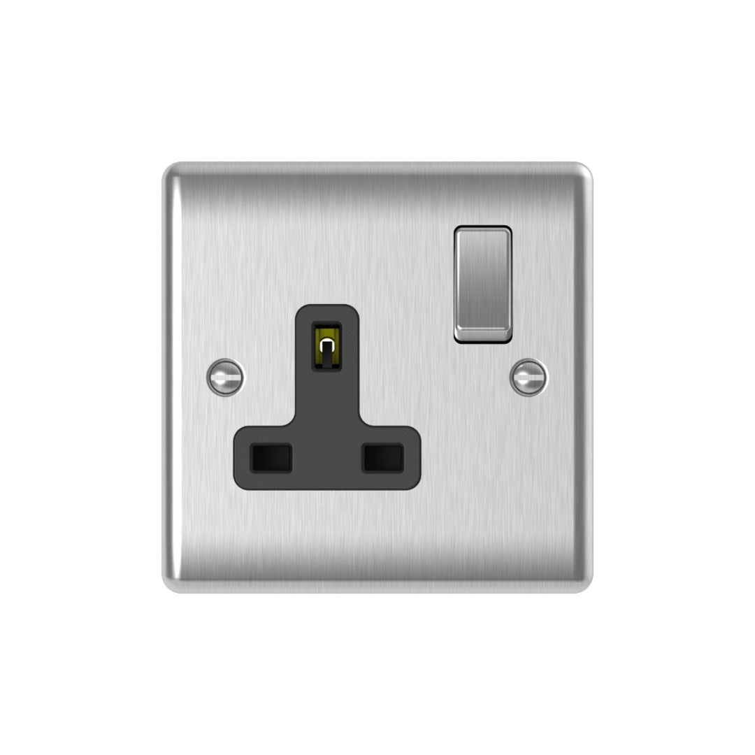 Brushed steel 13A 1 gang double pole switched socket