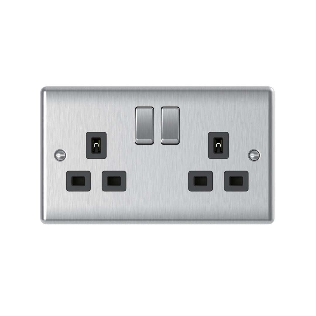 Brushed steel 13A 2 gang double pole switched socket