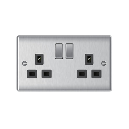 Brushed steel 13A 2 gang double pole switched socket