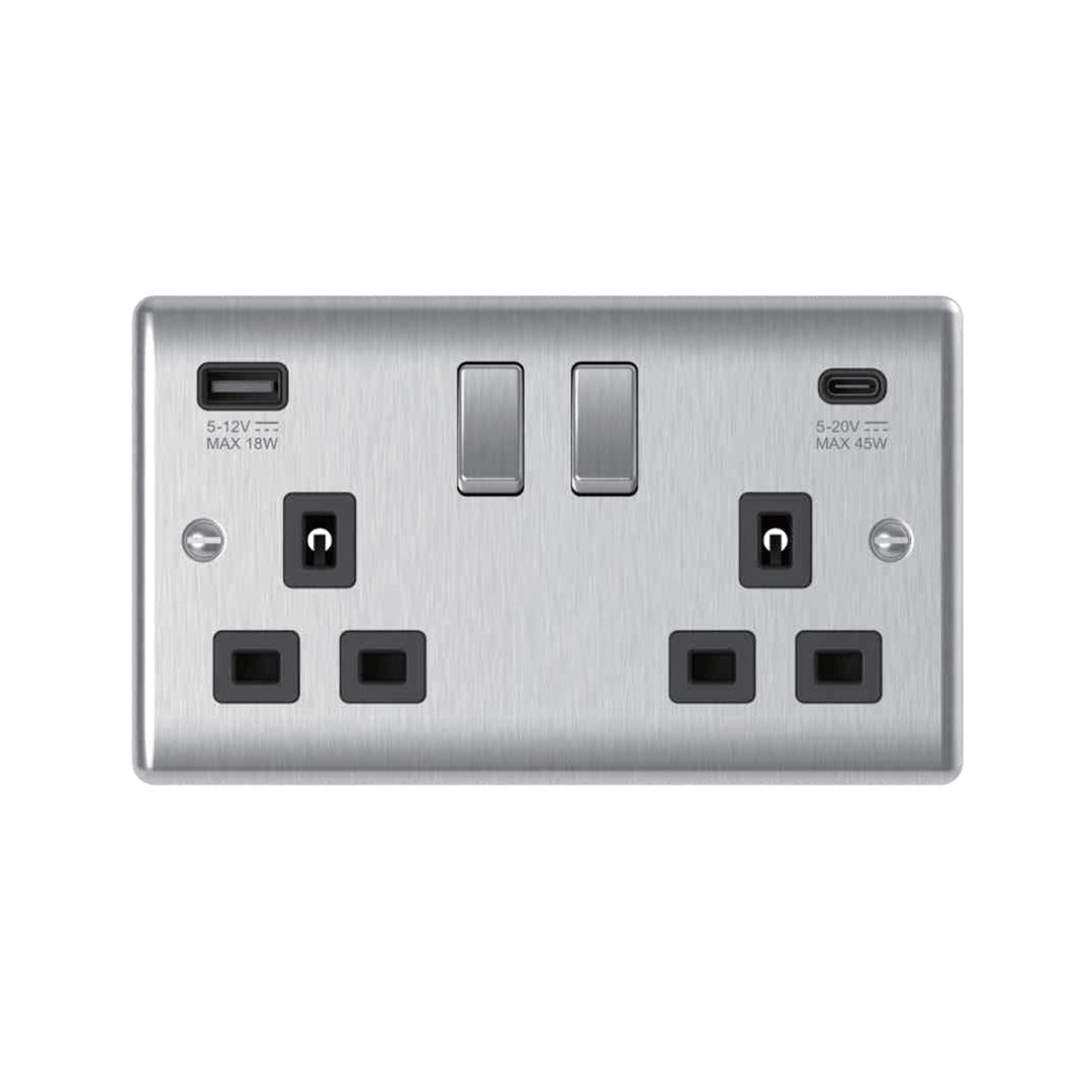 Brushed steel 13A 2 gang switched socket with USB-A and USB-C ports