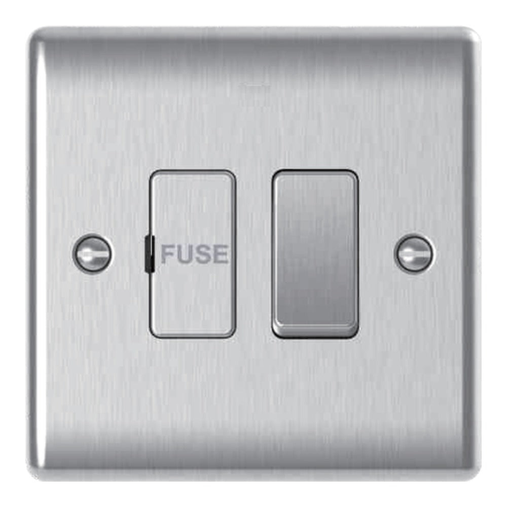 Brushed steel 13A switched fused connection unit with fuse holder and rocker