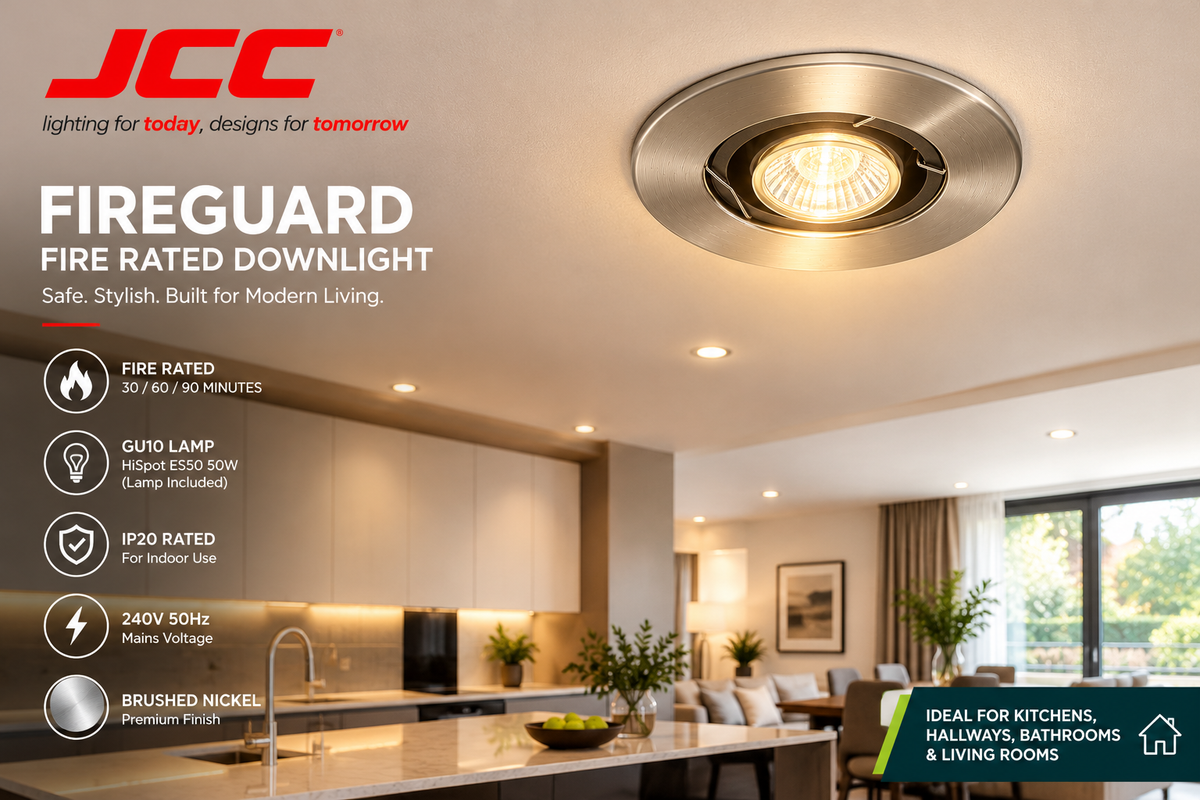 JCC Fireguard JC94002 Fire Rated Downlight – GU10, Brushed Nickel, 30/60/90 Min Fire Rated, Lamp Included