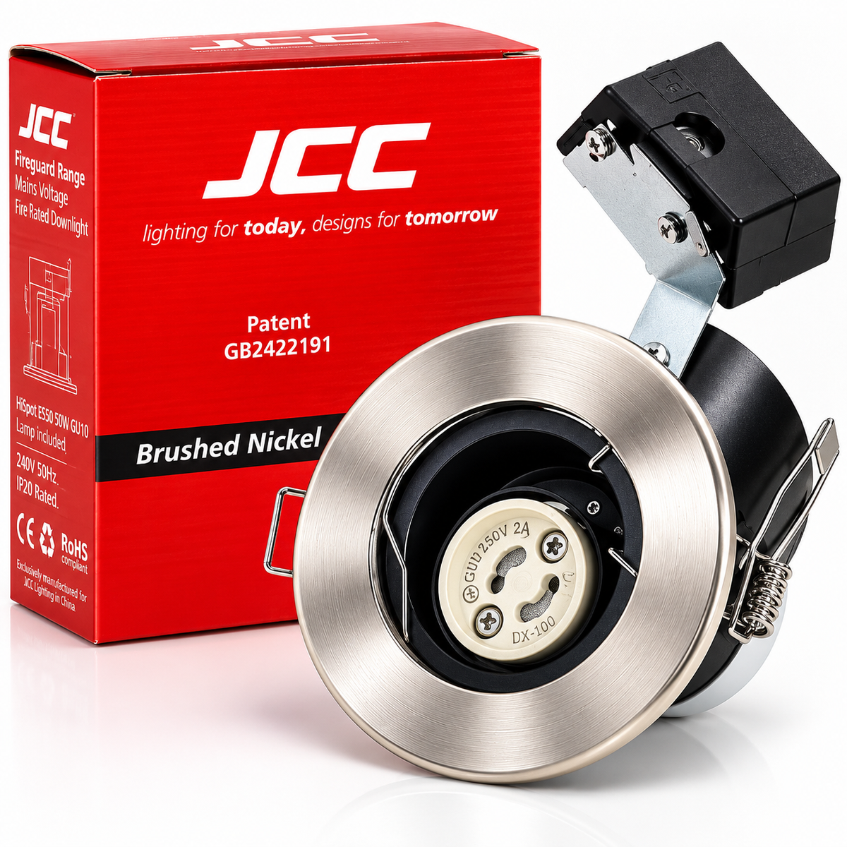 JCC Fireguard JC94002 Fire Rated Downlight – GU10, Brushed Nickel, 30/60/90 Min Fire Rated, Lamp Included