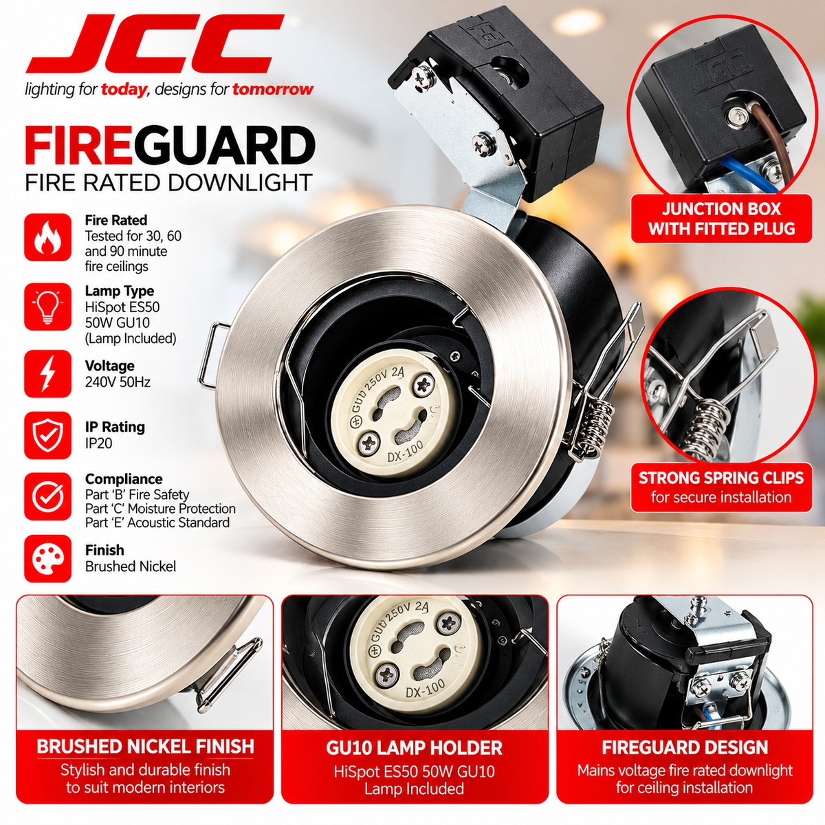 JCC Fireguard JC94002 Fire Rated Downlight – GU10, Brushed Nickel, 30/60/90 Min Fire Rated, Lamp Included
