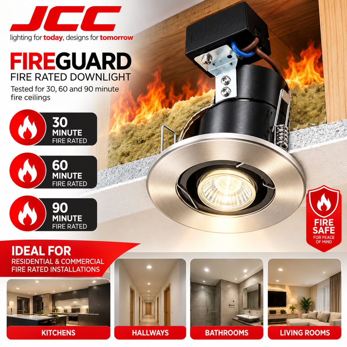 JCC Fireguard JC94002 Fire Rated Downlight – GU10, Brushed Nickel, 30/60/90 Min Fire Rated, Lamp Included
