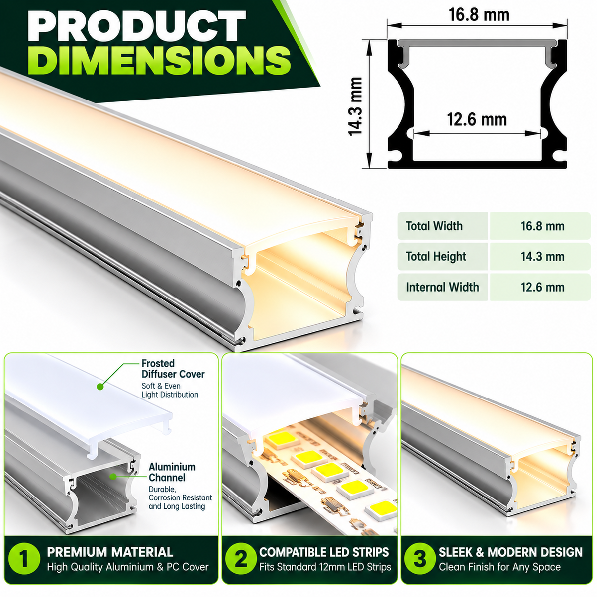 2m Deep LED Aluminium Profile – 16.8×14.3mm, Silver