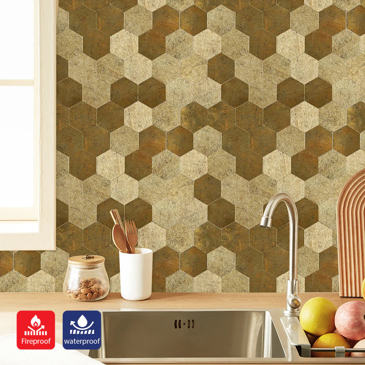 Ener-J Large Luxe Gold HexaStyle Aluminum Peel & Stick Tile, Size: 290 x 288 x 4 mm (Pack of 4)