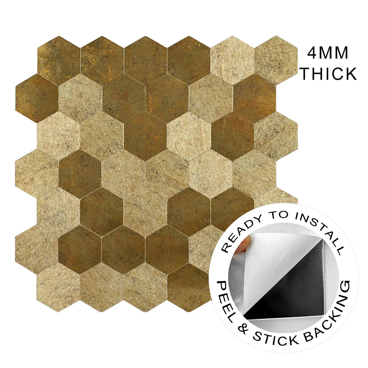 Ener-J Large Luxe Gold HexaStyle Aluminum Peel & Stick Tile, Size: 290 x 288 x 4 mm (Pack of 4)