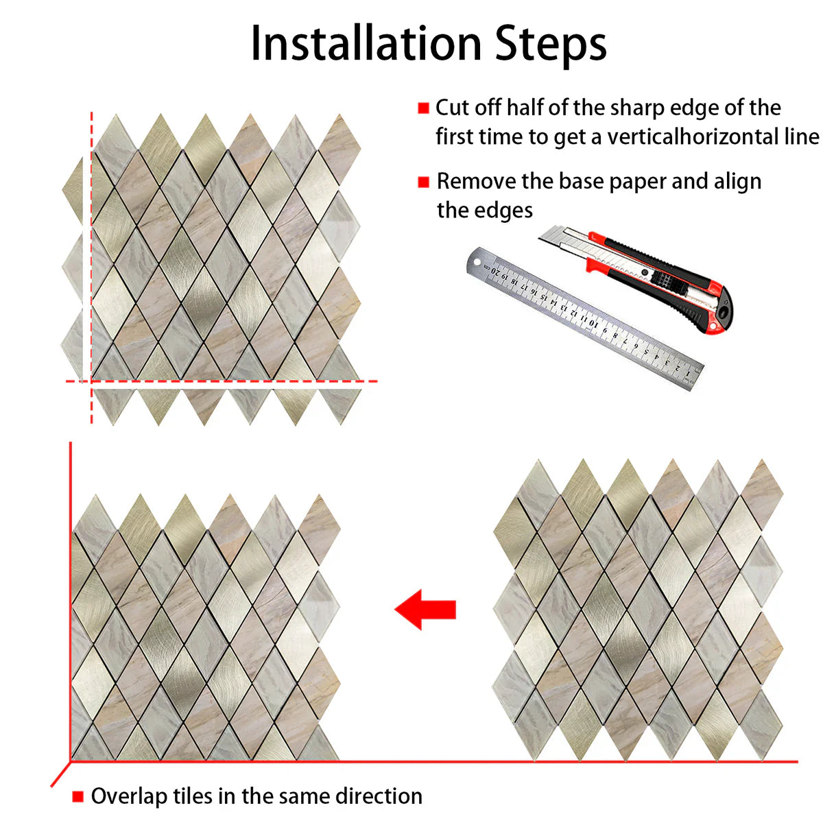 Ener-J Rose Gold Slate Diamond Pattern Peel & Stick Aluminum Tile, Size:295 x 295 x 4.5 mm (Pack of 4)