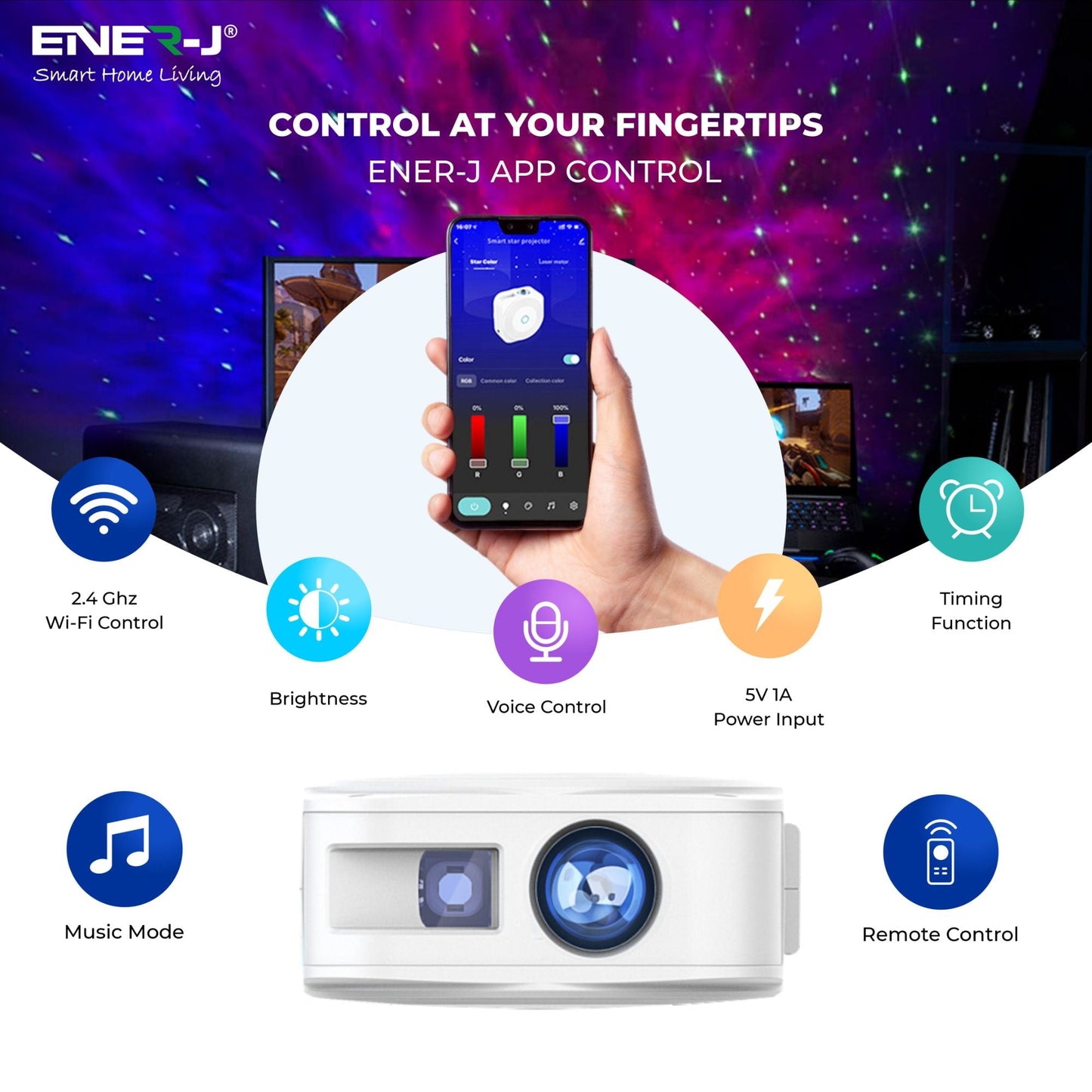 Ener-J WiFi + BLE Smart Starry Sky Projector Light with Music Sync Function