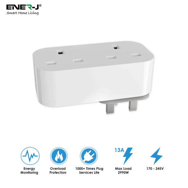 ENER-J WiFi & Bluetooth Dual Smart Plug 13A (UK) with Individual Socket Control, Energy Monitoring, Surge Protection & Alexa/Google Voice Control secondary image