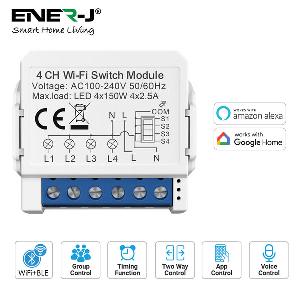 Ener-J Smart WiFi+BLE 4CH Light Switch Module (Max 4 x 150W). On/Off Switch