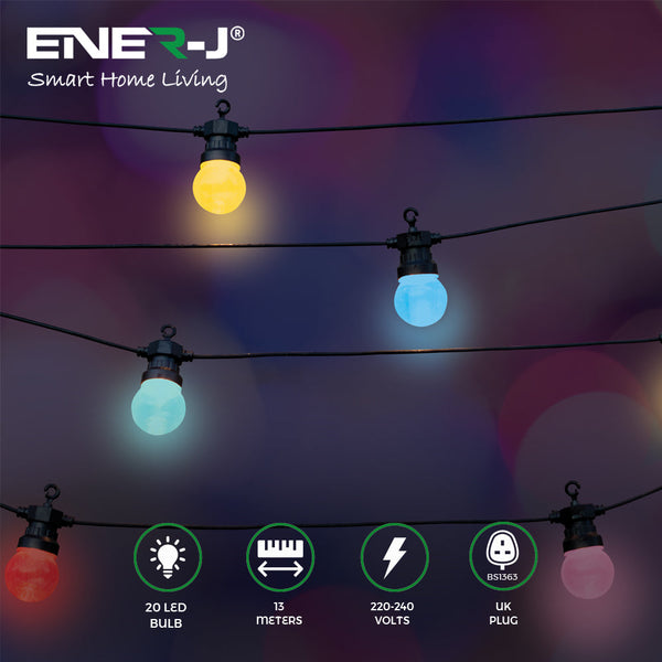 Ener-J 13 Meters RGB String Light Kit, 5V 5W (20 RGB Bulbs + IR Remote + UK Power Supply)