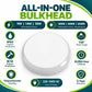 All-in-One Bulkhead infographic – 9W 14W 18W selectable power, 3000K 4000K 6500K selectable colour temperature, IP65, IK10, polycarbonate housing, 110 degree beam, 30000 hour lifetime, 220-240V AC input, 5-year warranty