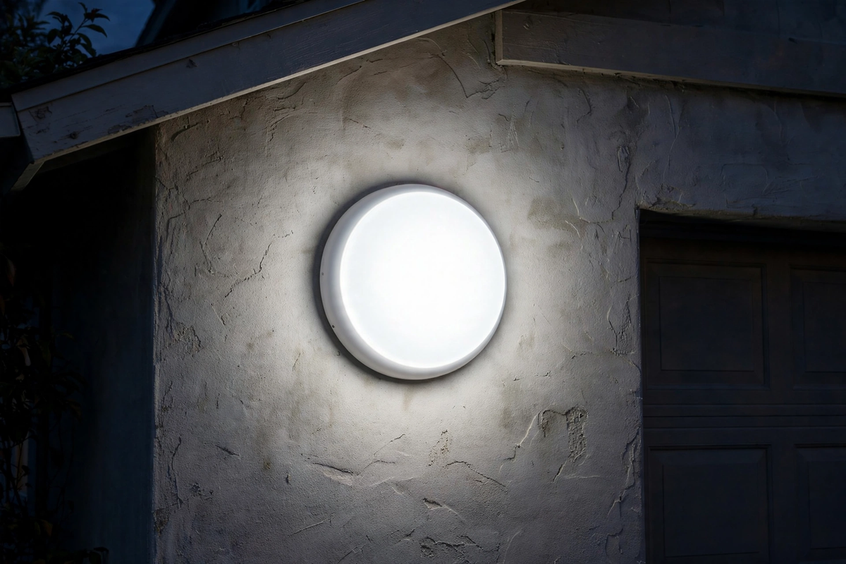 AIO bulkhead installed on garage wall in the evening, lit