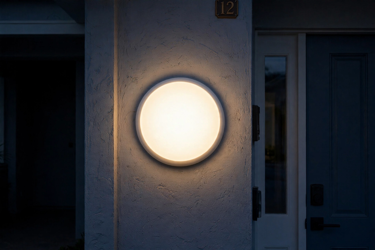 AIO bulkhead installed beside front door at night, lit