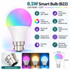 Smart Bulb B22 8.5W RGB + CCT infographic – voltage, power, cap, beam angle, CRI, lifetime, dimmable, dimensions